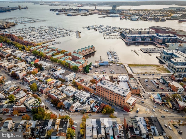 aerial view featuring a water view