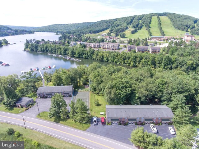 birds eye view of property with a forest view and a water view