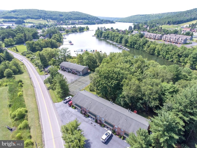 drone / aerial view featuring a water view