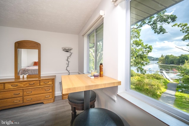 office featuring dark wood-type flooring, a textured ceiling, and a water view