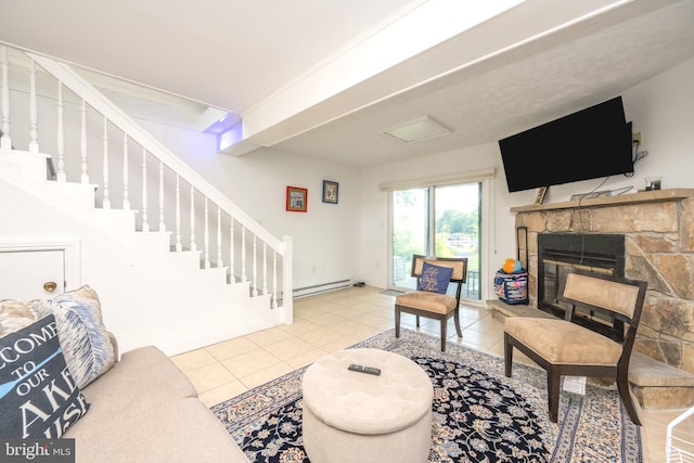 tiled living area with a stone fireplace, stairway, baseboards, and a baseboard radiator