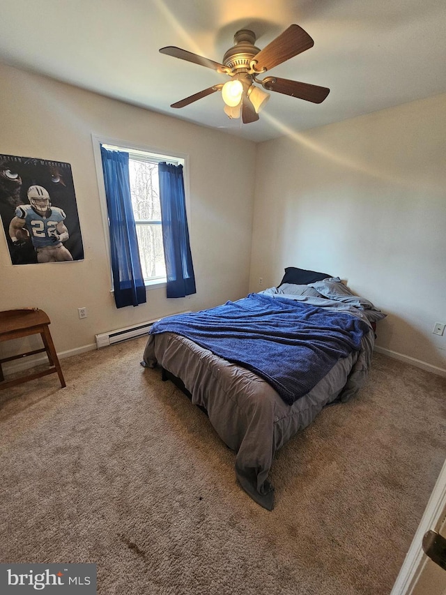 carpeted bedroom with a baseboard heating unit, baseboards, and ceiling fan