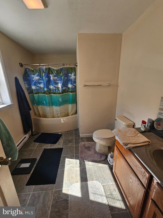 bathroom with toilet, shower / bath combo, a textured ceiling, vanity, and a baseboard radiator