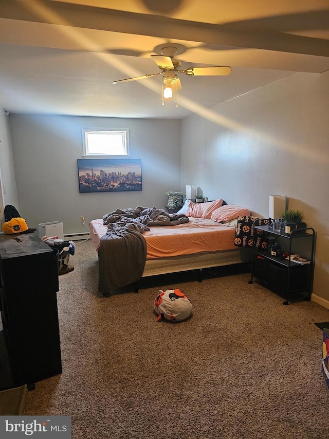 carpeted bedroom with baseboards and ceiling fan