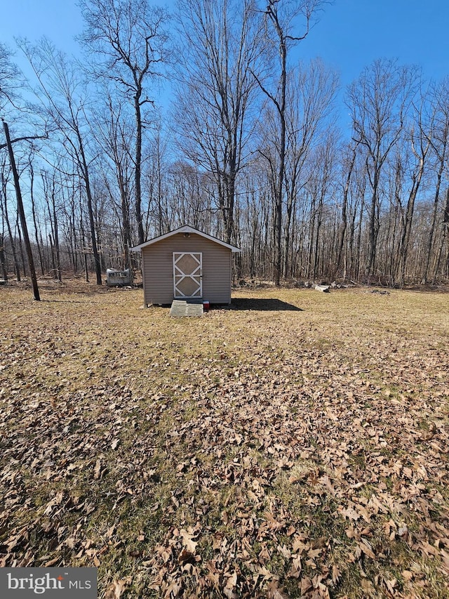 view of yard featuring a storage shed and an outdoor structure