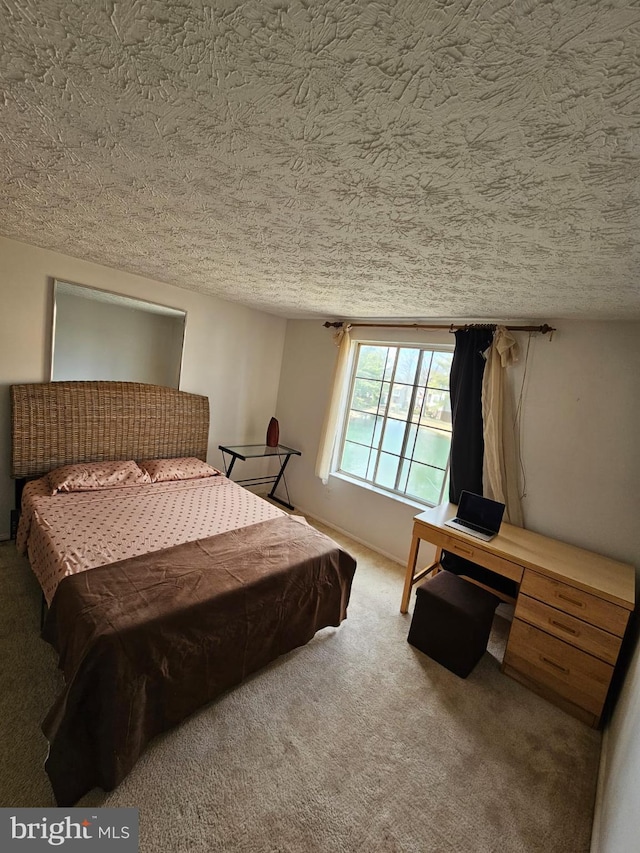 bedroom with a textured ceiling and carpet flooring