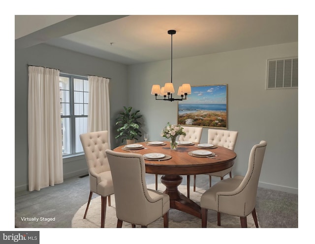 carpeted dining area with a chandelier, visible vents, and baseboards