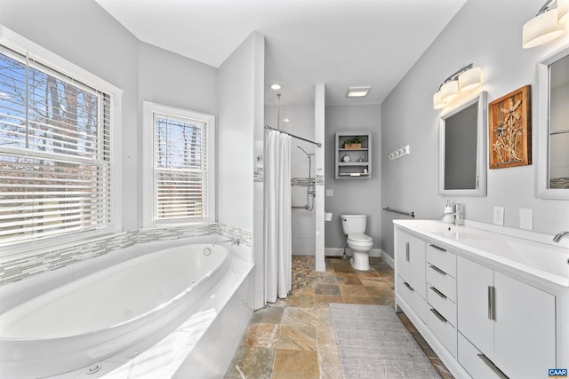 full bathroom featuring a shower with curtain, toilet, a sink, stone tile floors, and a bath