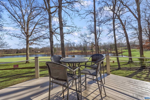 wooden deck featuring a yard and a water view