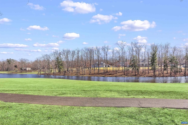 view of home's community with a yard and a water view