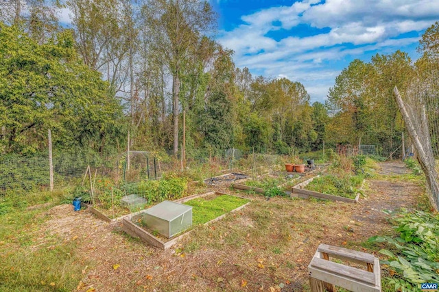 view of yard featuring a vegetable garden and a view of trees