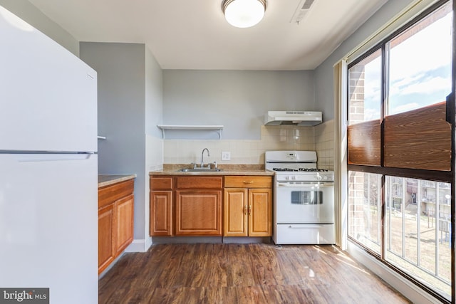 kitchen with white appliances, brown cabinetry, dark wood-style flooring, a sink, and under cabinet range hood