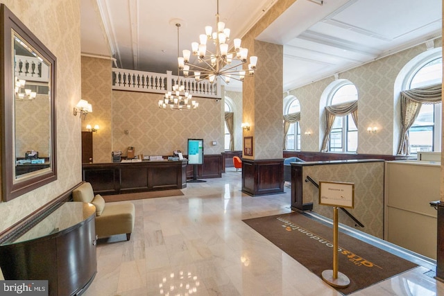 reception area with a chandelier