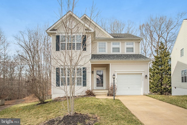 view of front facade featuring a garage, concrete driveway, a front lawn, and a shingled roof