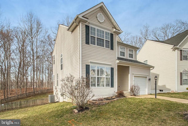 traditional home featuring a front yard, fence, central AC, concrete driveway, and a garage