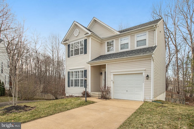 traditional-style home with concrete driveway, a front lawn, a garage, and a shingled roof