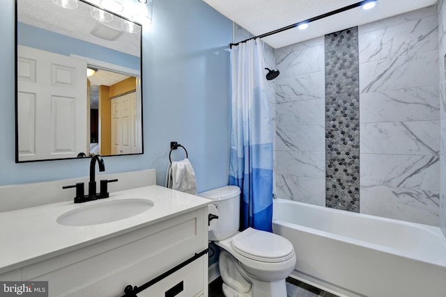 bathroom featuring vanity, toilet, and shower / bathtub combination with curtain