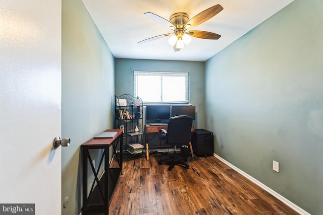 office with wood finished floors, baseboards, and ceiling fan