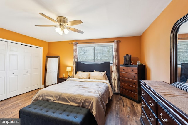 bedroom with dark wood-type flooring and a ceiling fan