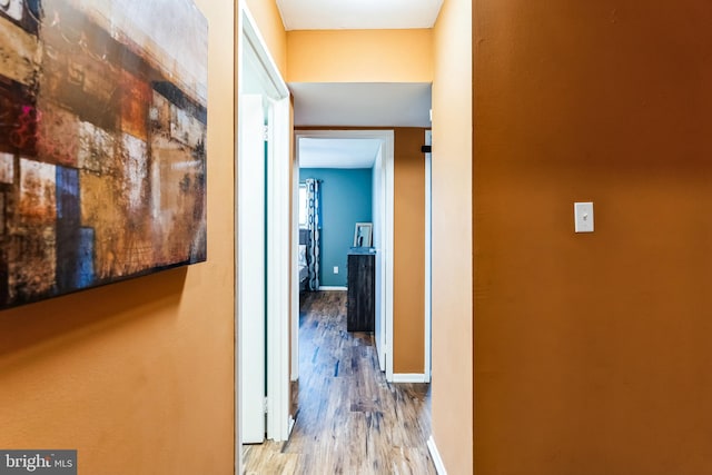 corridor featuring baseboards and wood finished floors