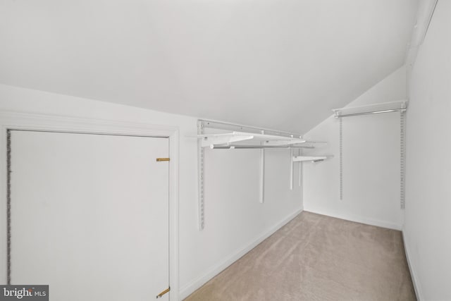 spacious closet featuring vaulted ceiling and light colored carpet