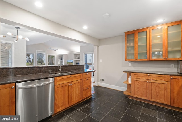 kitchen with glass insert cabinets, dishwasher, lofted ceiling, brown cabinets, and a sink