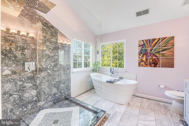 full bathroom featuring visible vents, tiled shower, a soaking tub, and vaulted ceiling