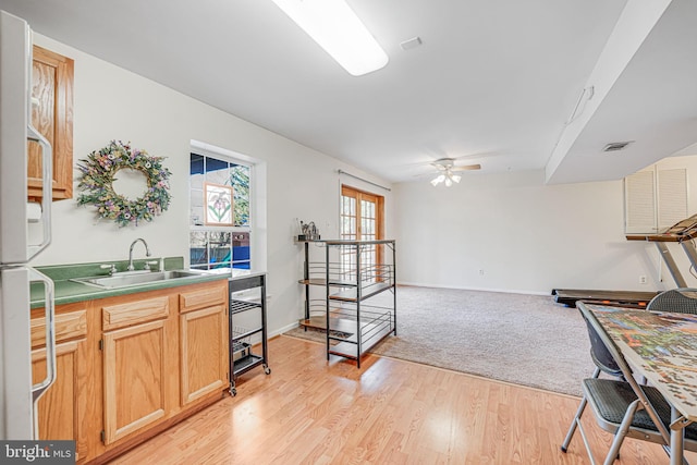 kitchen with a ceiling fan, baseboards, visible vents, a sink, and light wood-type flooring