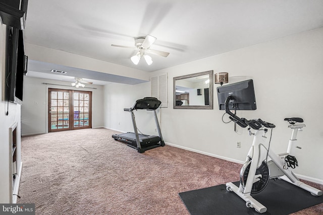 workout room with a ceiling fan, visible vents, carpet floors, baseboards, and french doors