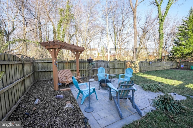 view of patio / terrace with a fenced backyard and an outdoor fire pit