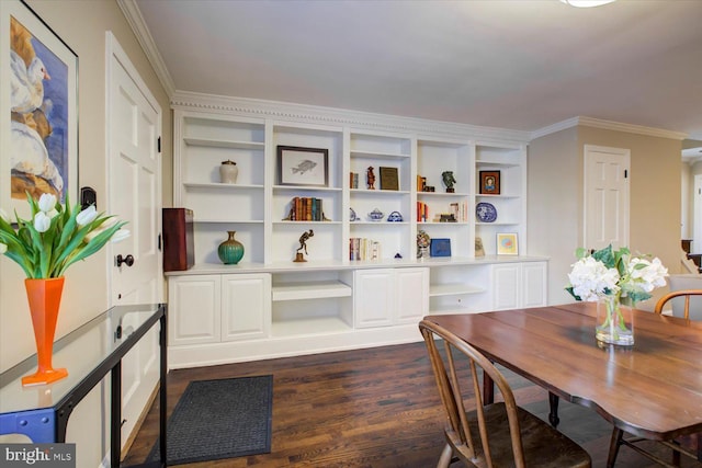 dining room with dark wood-style floors and ornamental molding