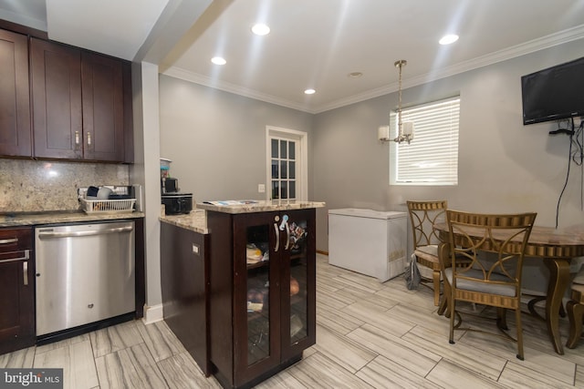 kitchen with tasteful backsplash, dark brown cabinets, dishwasher, ornamental molding, and fridge