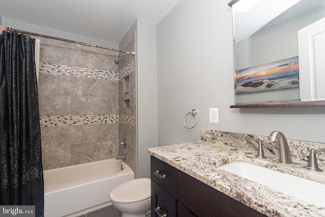 bathroom featuring shower / tub combo with curtain, vanity, and toilet