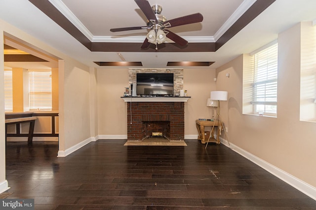 living room featuring a fireplace, a raised ceiling, hardwood / wood-style flooring, and crown molding