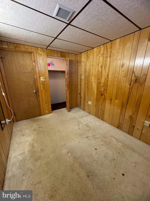 interior space with wooden walls and carpet