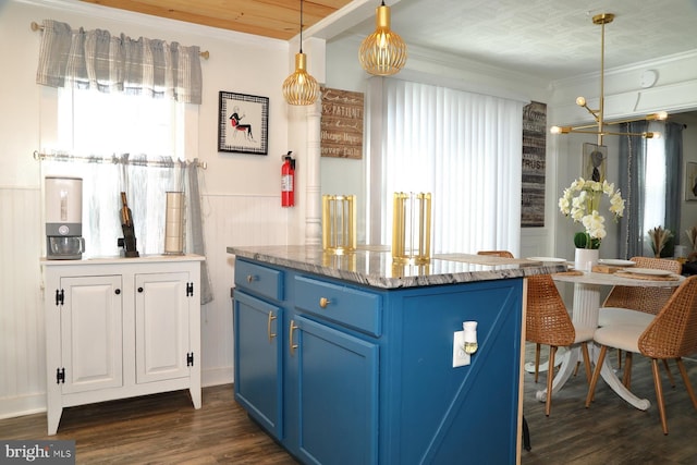 kitchen with blue cabinetry, dark wood-style floors, a wainscoted wall, and ornamental molding