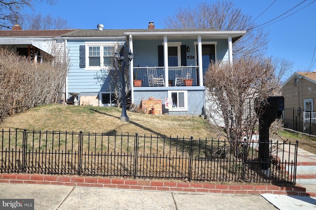 bungalow-style home featuring fence, covered porch, and a chimney