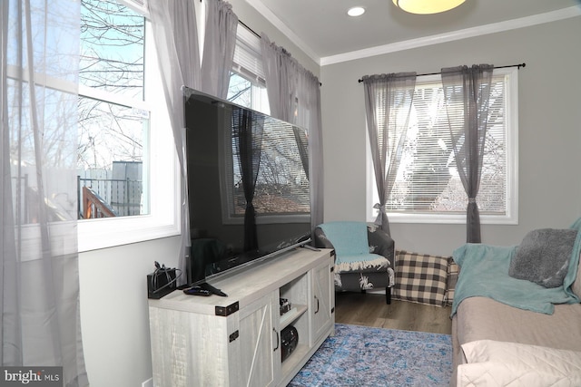 sitting room with crown molding and wood finished floors