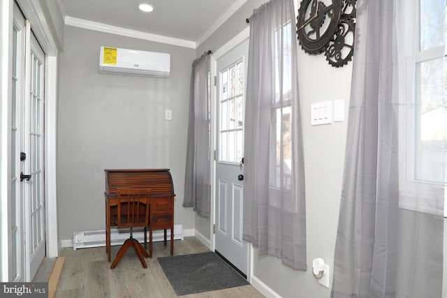 doorway with wood finished floors, baseboards, a baseboard radiator, a wall mounted AC, and crown molding