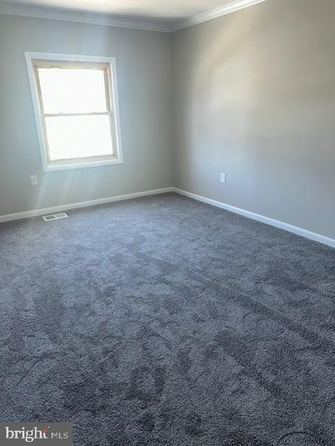 carpeted spare room with visible vents, crown molding, and baseboards