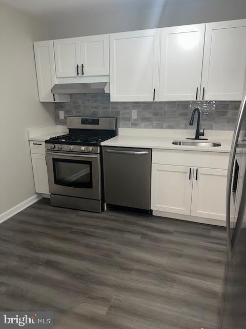 kitchen with a sink, stainless steel appliances, under cabinet range hood, and white cabinetry