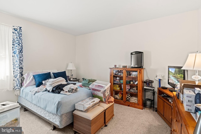 bedroom with light colored carpet