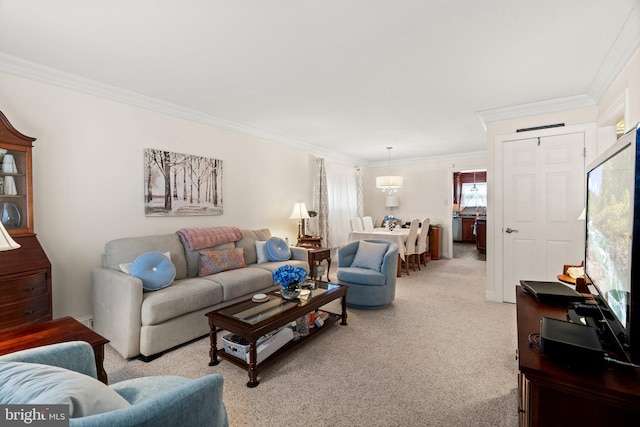 living room featuring light carpet and crown molding