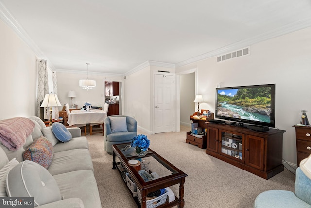 living room with visible vents, baseboards, carpet, and ornamental molding