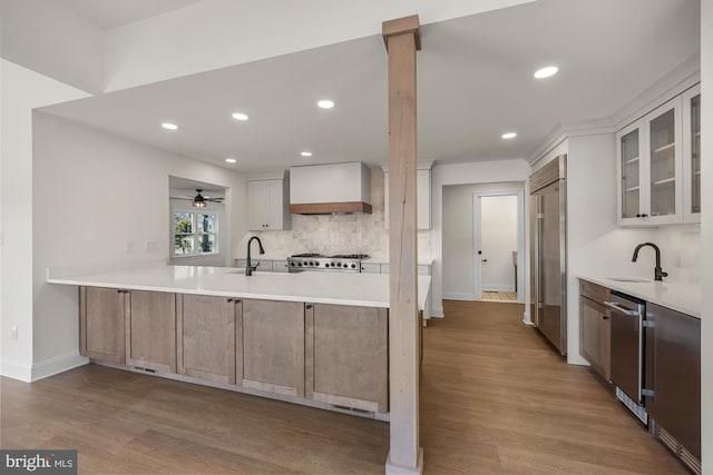 kitchen featuring light wood-style flooring, decorative backsplash, stainless steel appliances, glass insert cabinets, and custom exhaust hood