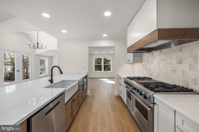 kitchen featuring custom exhaust hood, a sink, decorative backsplash, appliances with stainless steel finishes, and light wood-type flooring