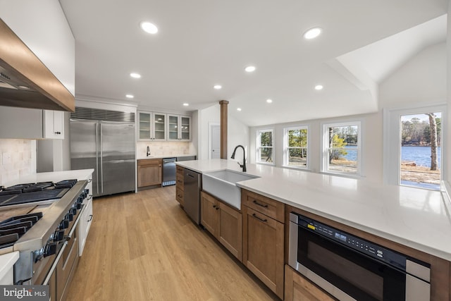 kitchen with a wealth of natural light, lofted ceiling, a sink, ventilation hood, and built in appliances