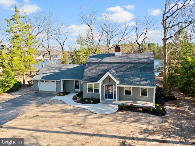 colonial inspired home with an attached garage, driveway, and roof with shingles