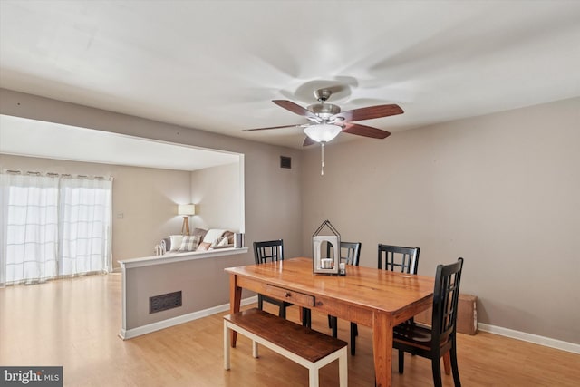 dining area featuring visible vents, baseboards, a ceiling fan, and light wood finished floors