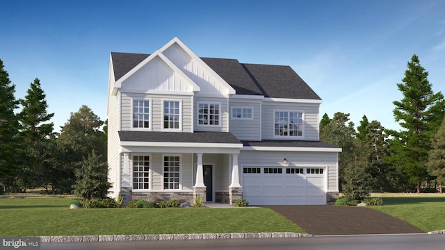 craftsman house featuring asphalt driveway, a front yard, a garage, and roof with shingles